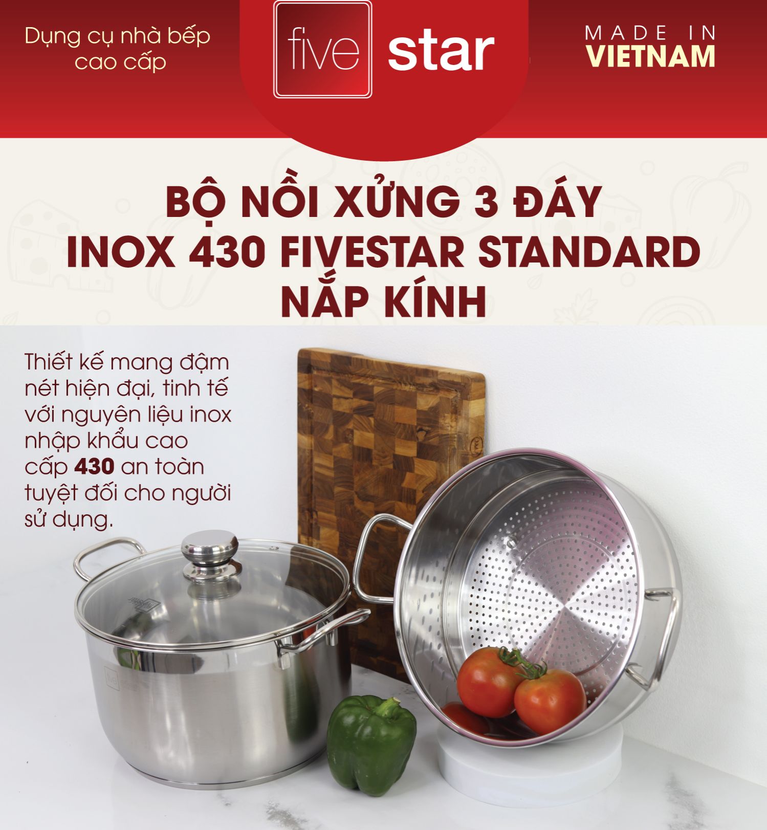 Bộ nồi xửng hấp 3 đáy inox 304 cao cấp FiveStar Standard nắp kính  24cm /26cm / 28cm / 30cm   dùng đ