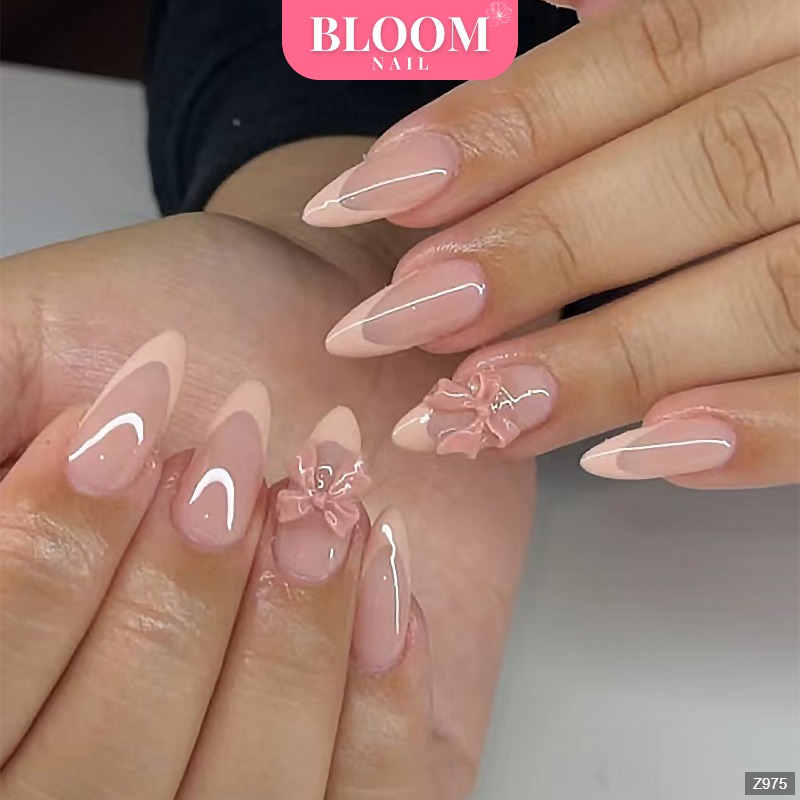 Móng Tay Giả Nail Box Đính Đá Đính Charm Nơ Kiểu Dài Màu Hồng Bloom Nail Z975