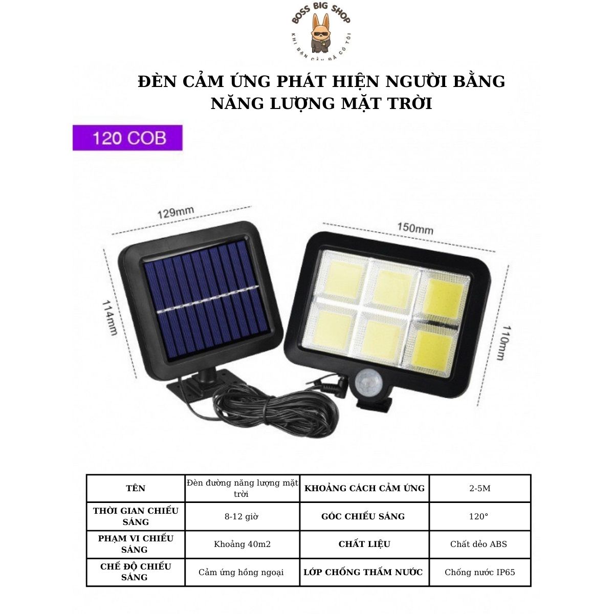 Đèn năng lượng mặt trời cảm biến chuyển động 6 COB 120 tấm pin dây nối dài 5m điều khiển từ xa 3 chế độ sáng