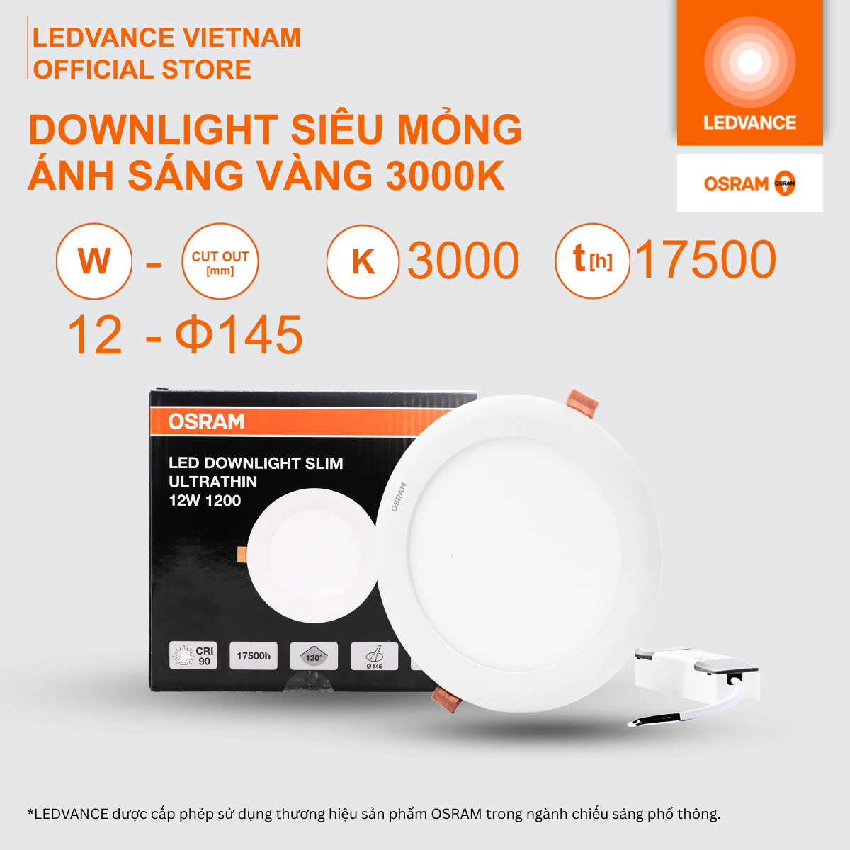 Đèn LED Âm Trần Siêu Mỏng OSRAM Downlight Slim 9W / 12W / 18W Ánh Sáng Vàng 3000K BH 2 Năm