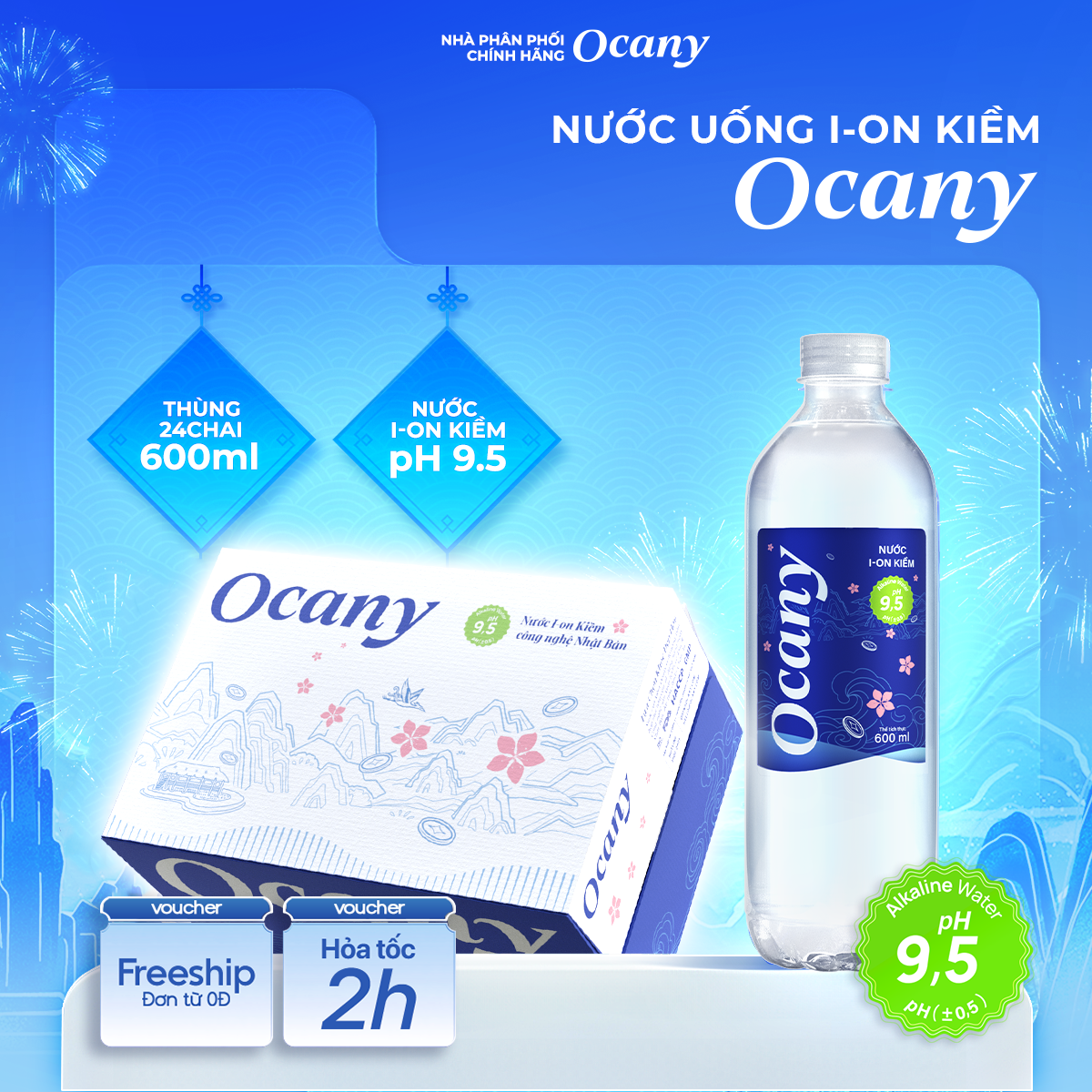 Nước uống ion kiềm Alkaline Ocany chai 600ml thùng 24