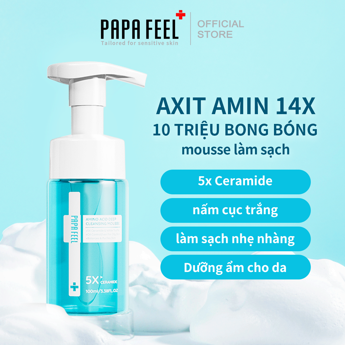 PAPA FEEL Rửa mặt tạo bọt 5X Ceramide Cho da dầu nhạy cảm 100ml