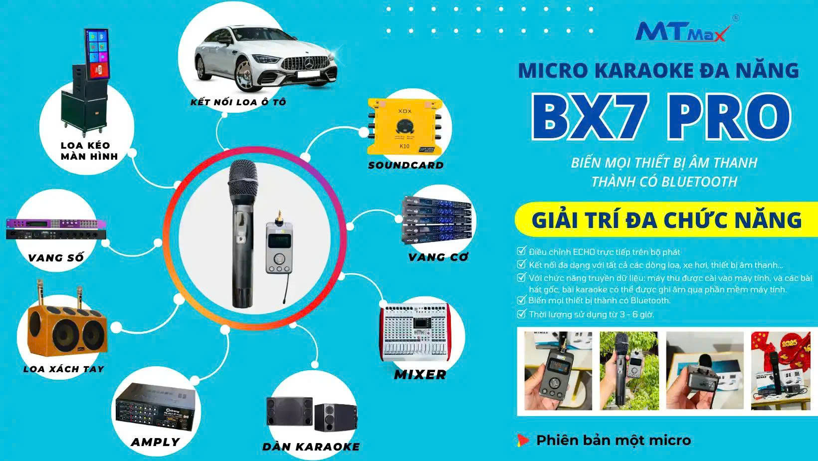 Micro Karaoke Đa Năng MTMAX BX7 Pro Chuyên Dụng Cho Loa Di Động Xe Ôtô Loa Kéo Amply Kết Nối Tới 10M