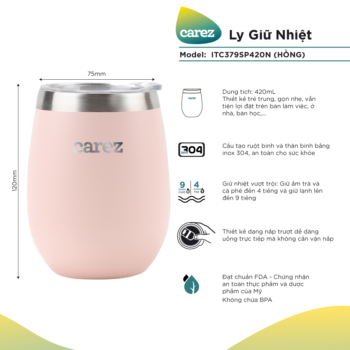 Ly Giữ Nhiệt Carez ITC379SP420N - HỒNG- 420ml Inox 304 Không chứa BPA - Giữ nóng đến 4 tiếng giữ lạn