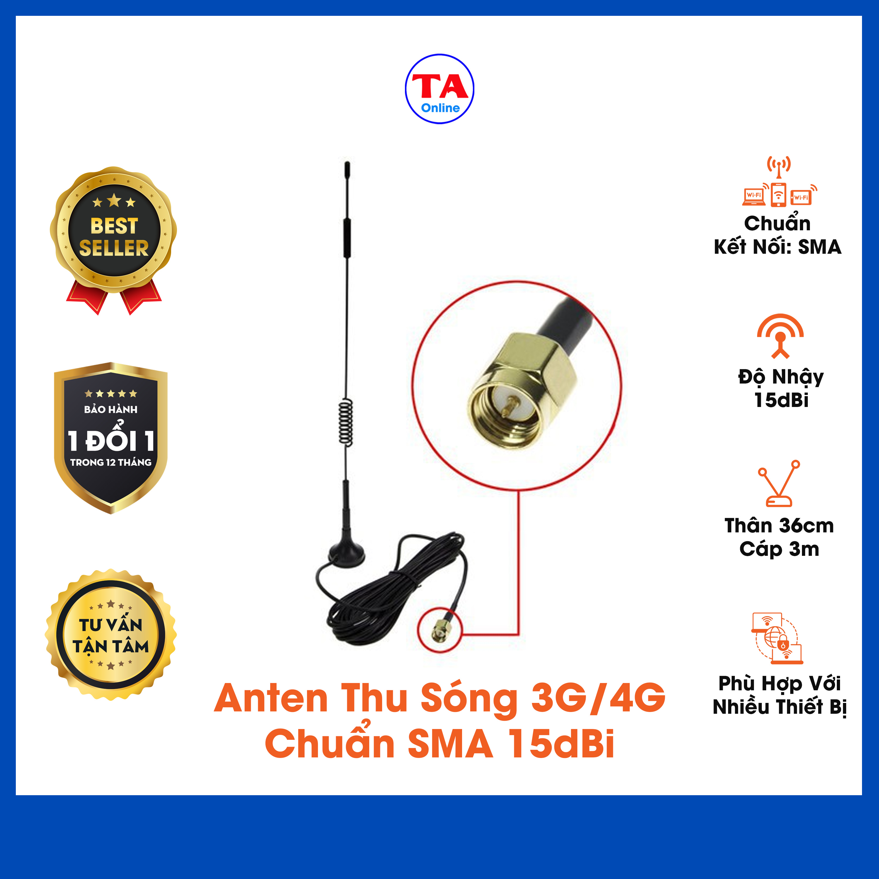 Anten Thu Sóng 3G/4G Chuẩn SMA 15dBi Thân 36cm Cáp Dài 3m