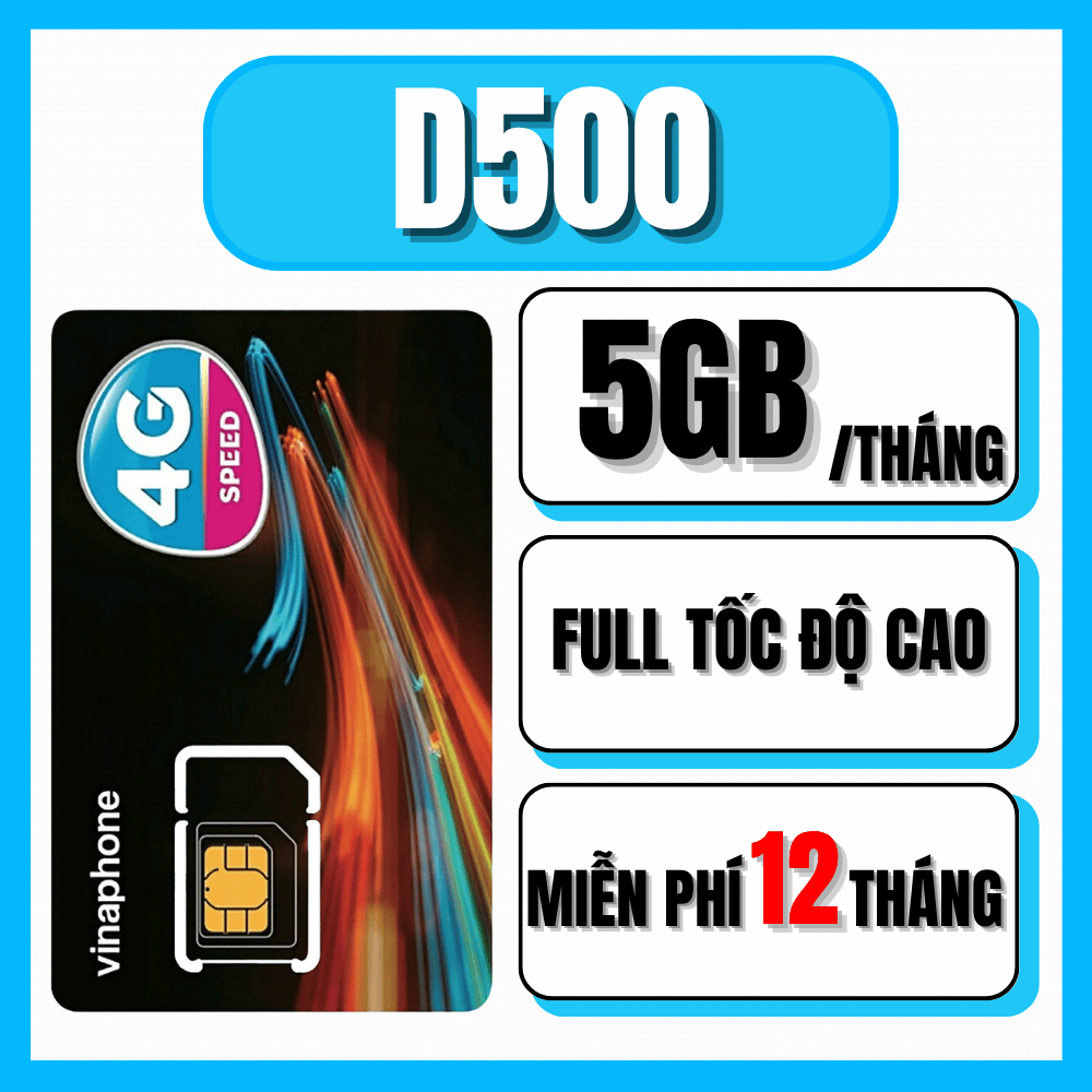 Sim 4G Vinaphone 1 năm D500 Có Ngay 60GB Sử Dụng 1 năm trọn gói không nạp tiền ( 5GB/tháng ) Bảo hàn