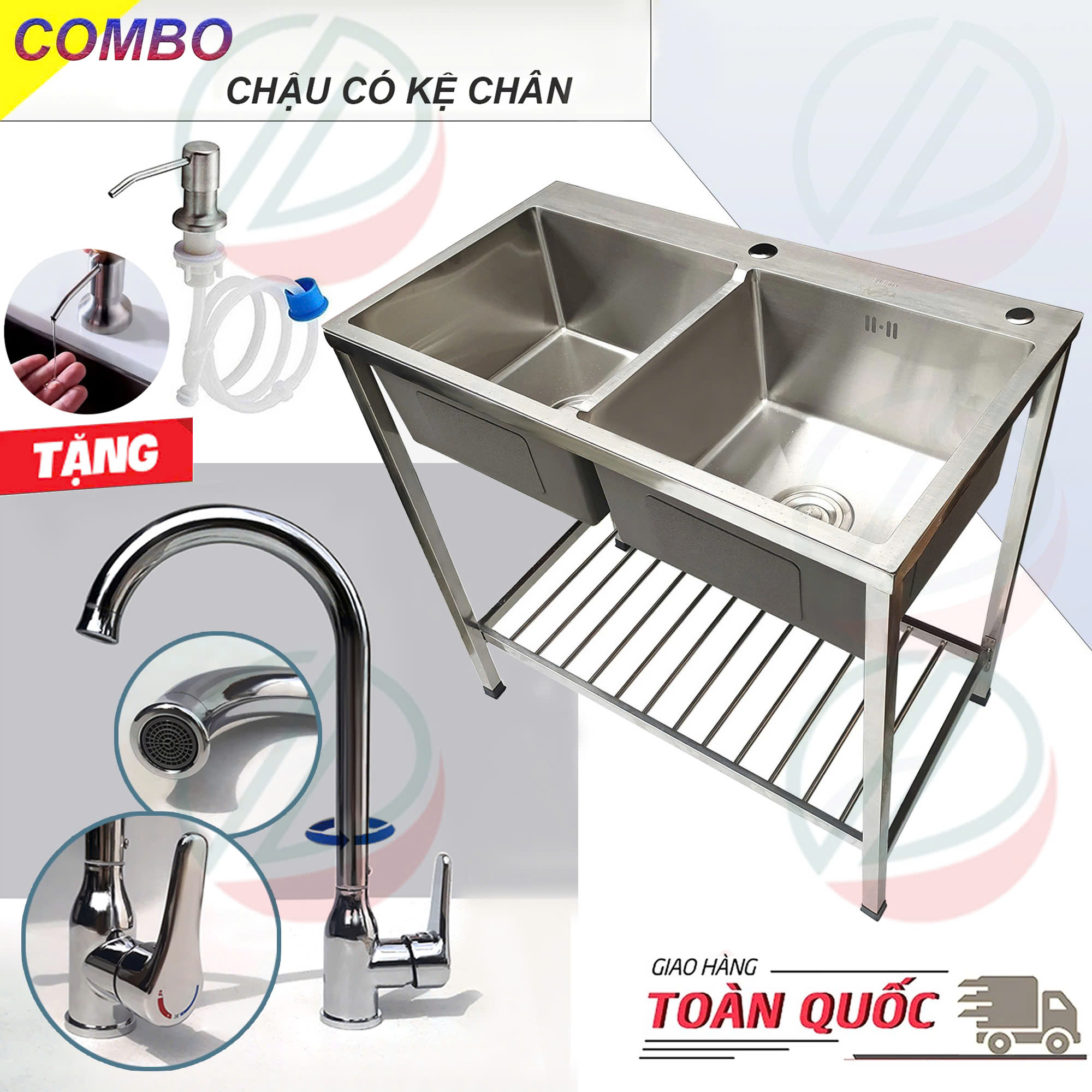 COMBO Chậu Rửa Chén Bát 2 Hộc 82x45cm Và 100x50cm Có Chân Kèm Vòi Inox Nóng Lạnh - Mua đủ bộ có vòi 