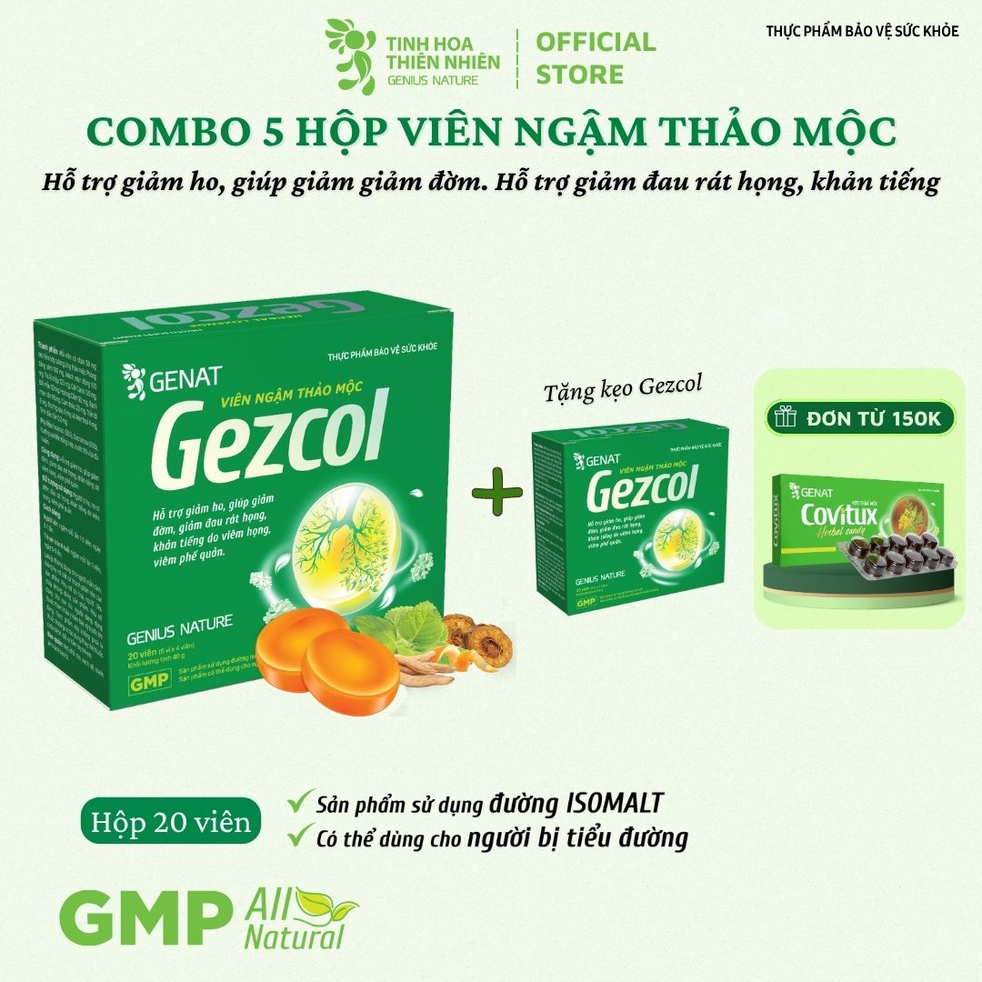 Combo 5 hộp viên ngậm thảo mộc Gezcol - Hỗ trợ giảm ho giúp giảm đờm giảm đau rát họng khản tiếng do