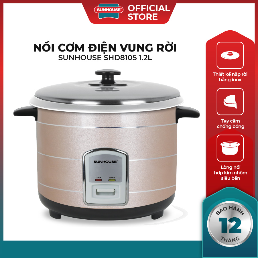 Nồi cơm điện nắp rời SUNHOUSE SHD8105 - Dung tích 1.2L - Công suất 500W - Thích hợp 2 - 4 người sử d