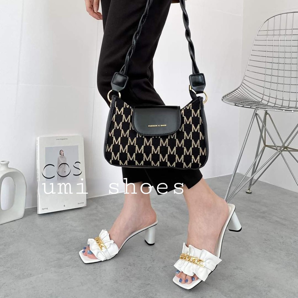 UMI SHOES- Dép guốc nữ cao gót vuông 6cm mũi vuông quai nhún nhúm bèo ngang xích nhỏ xinh đẹp hot mớ