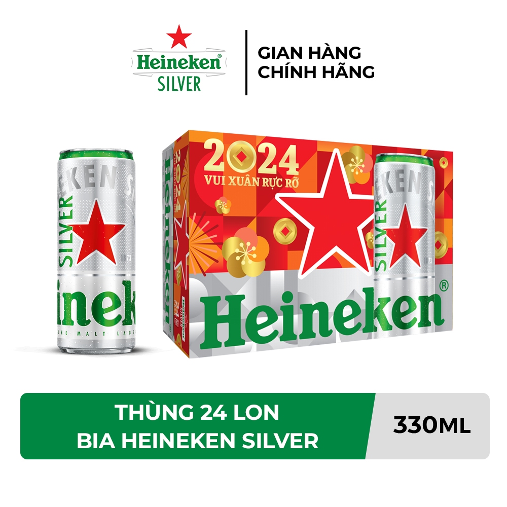 Thùng 24 lon bia Heineken Silver  330ml/lon Mẫu Thường