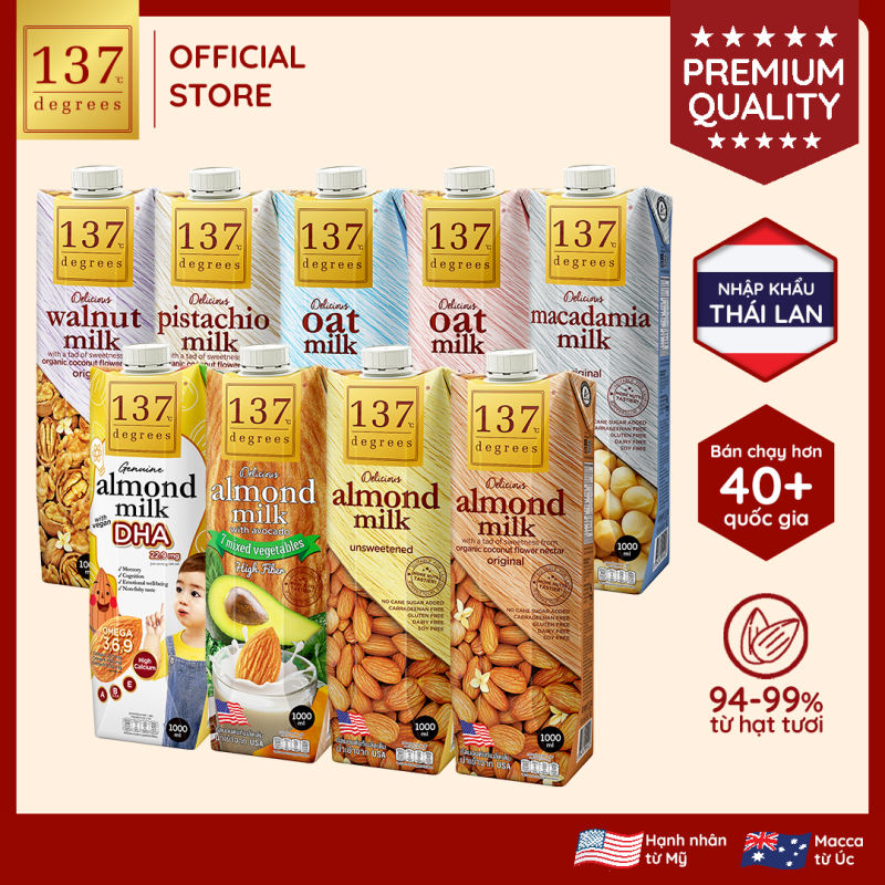 Combo 5 Hộp Sữa Hạnh Nhân 137 Degrees 1L Nguyên Chất Có Vị Ngọt Từ Mật Hoa Dừa/Không Đường Healthy Thái Lan
