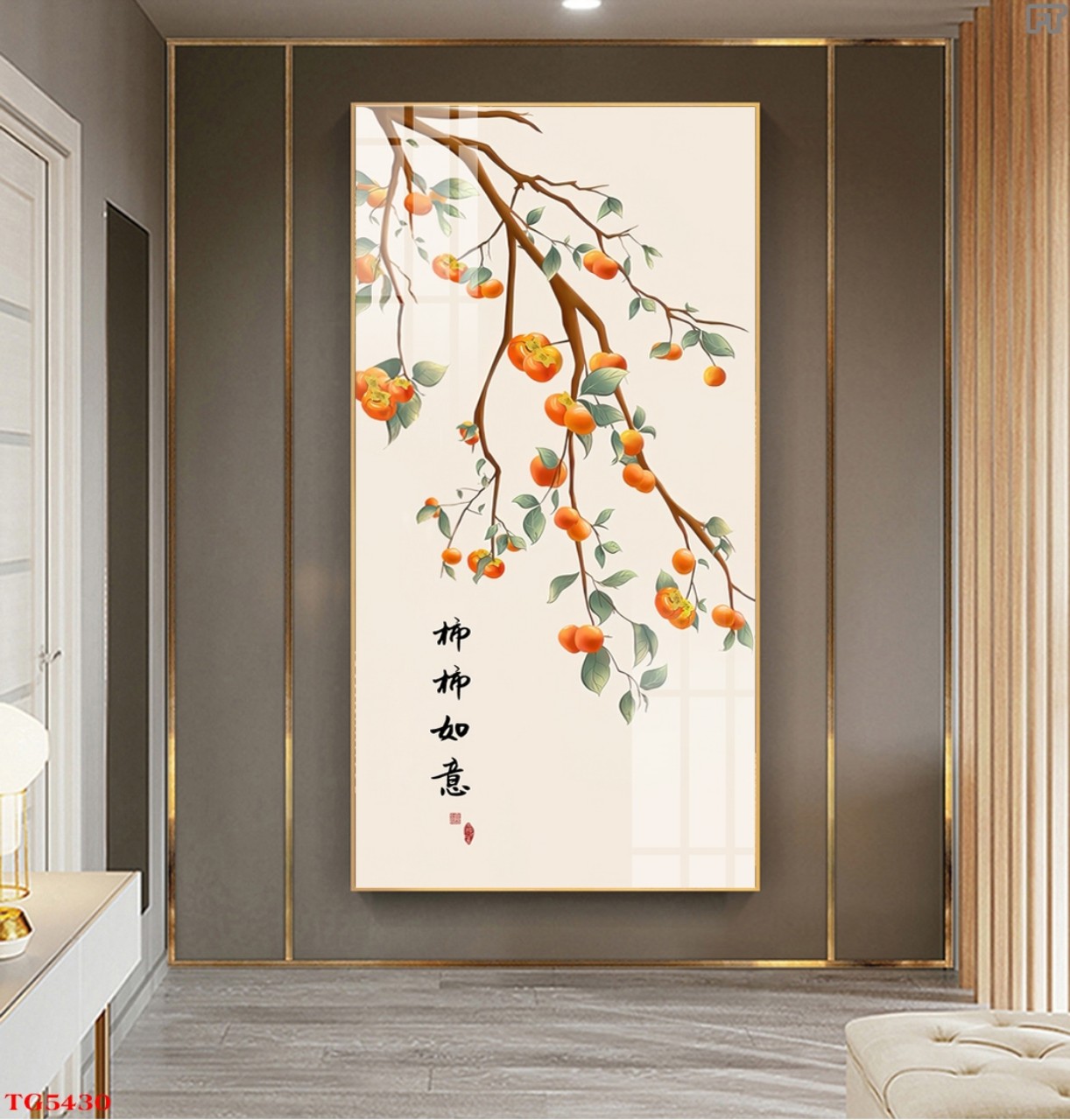 Tranh canvas treo tường cành trái hồng trĩu quả phong thủy -50 x 100 cm