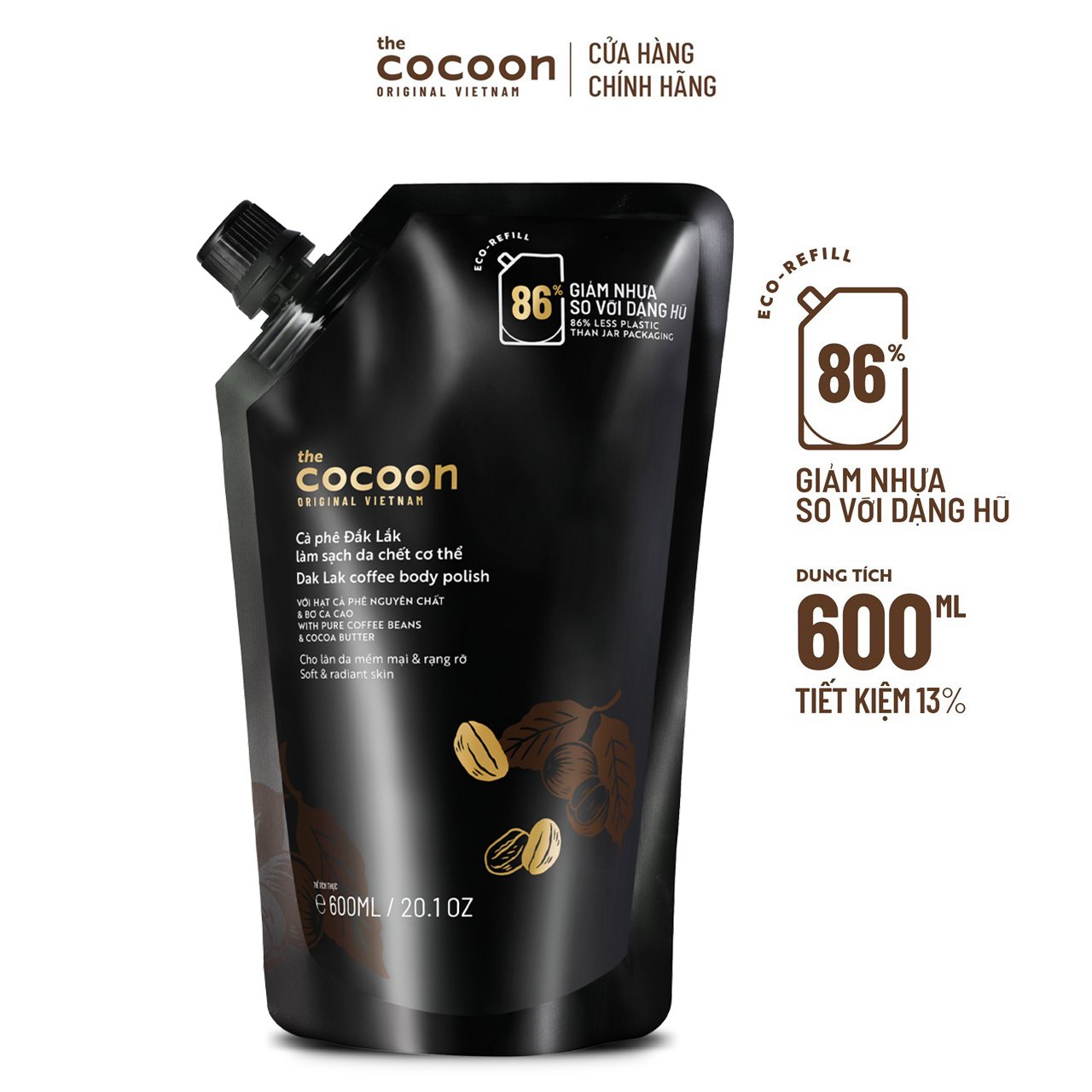 Túi Refill Cà phê Đắk Lắk làm sạch da chết cơ thể Cocoon cho làn da mềm mại & rạng rỡ 600ml