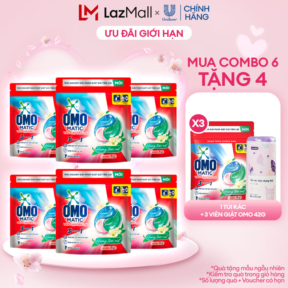 (Livestream) - Combo 6 túi viên giặt tiện lợi OMO 3 trong 1 Hương Tinh Tế/Tươi Mát 30-50 viên/túi (b