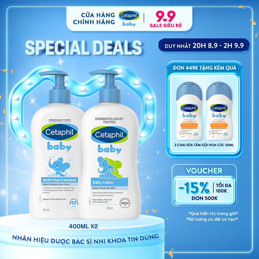 [DUY NHẤT 20H 8.9 | VOUCHER -15% TẶNG 2 QUÀ] Combo Sữa tắm gội dịu lành Cetaphil Baby Gentle Wash & 