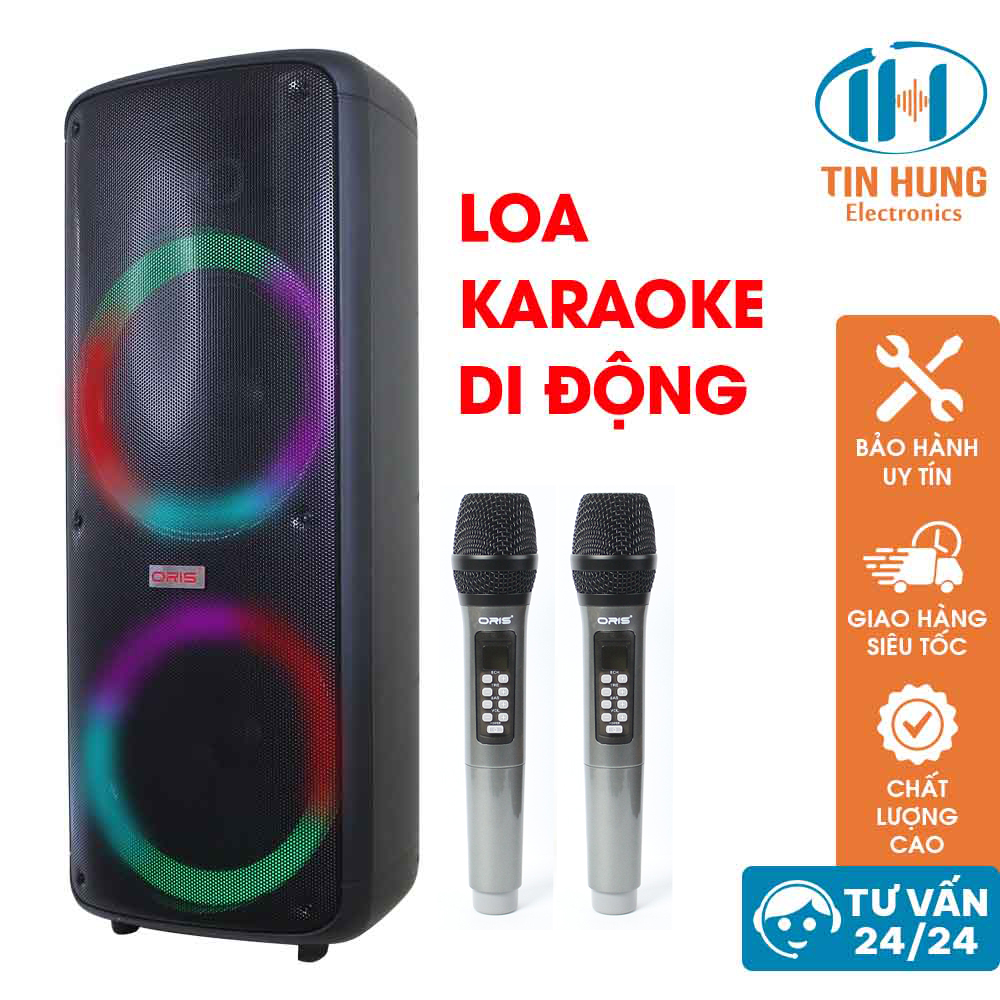 Loa karaoke blutooth công suất 450W ORIS TO-7300 bass 25cm x 2 loa kẹo kéo tặng kèm 02 mic sóng UHF 