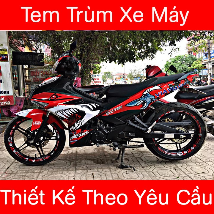 Tem trùm xe exciter 150 đỏ trắng cá mập chế đẹp  - Tem dán xe máy exciter  150 theo yêu cầu -tem xe 