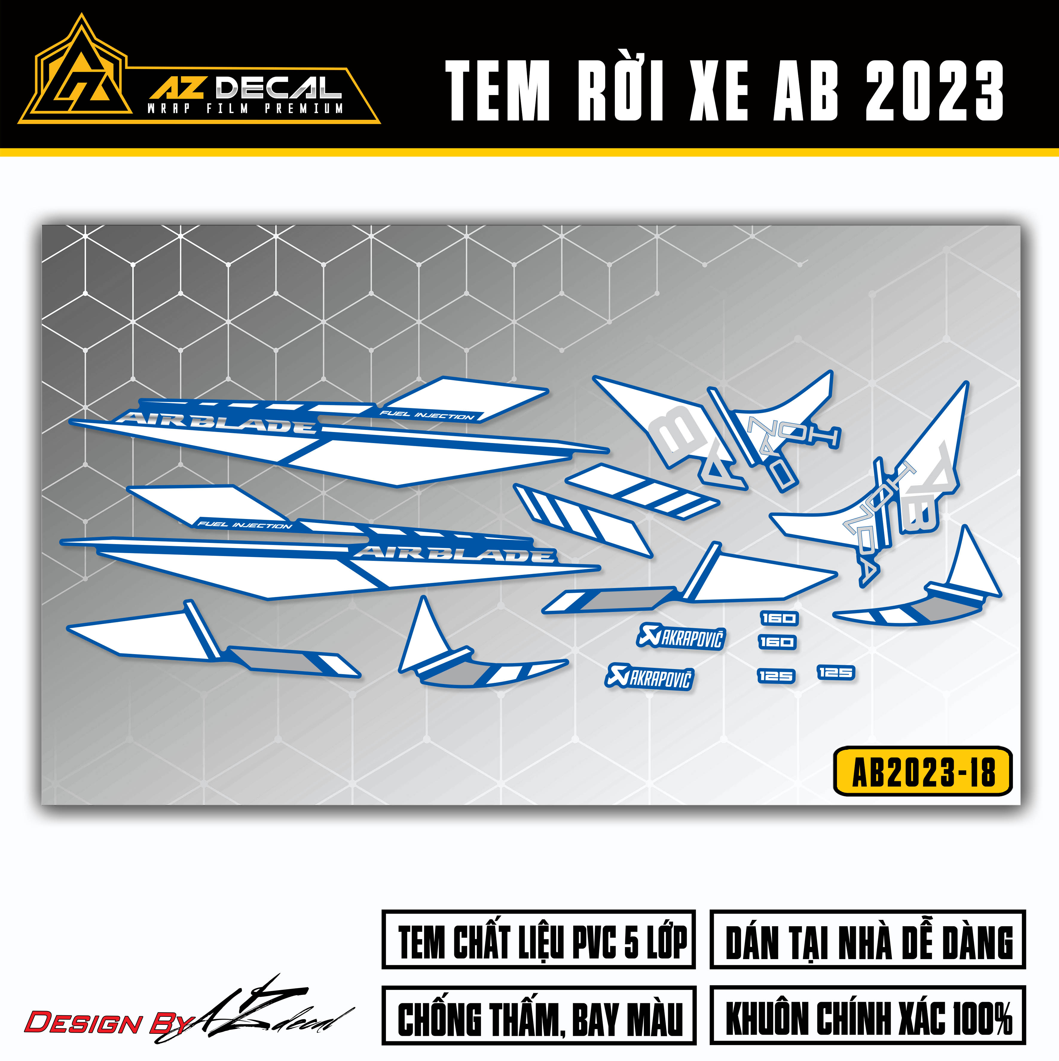 Tem AirBlade 2023 Mẫu Honda Akrapovic | AB2023-18 | Team Decal Hình Dán Xe Máy AB Air Blade 125 160 