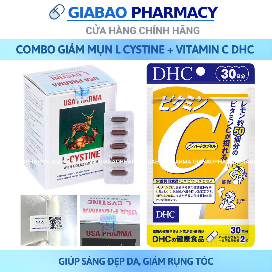 COMBO L cystine 500mg + Vitamin C DHC hỗ trợ trắng da và giảm rụng tóc giảm mụn (L cystine 60 Vit C 