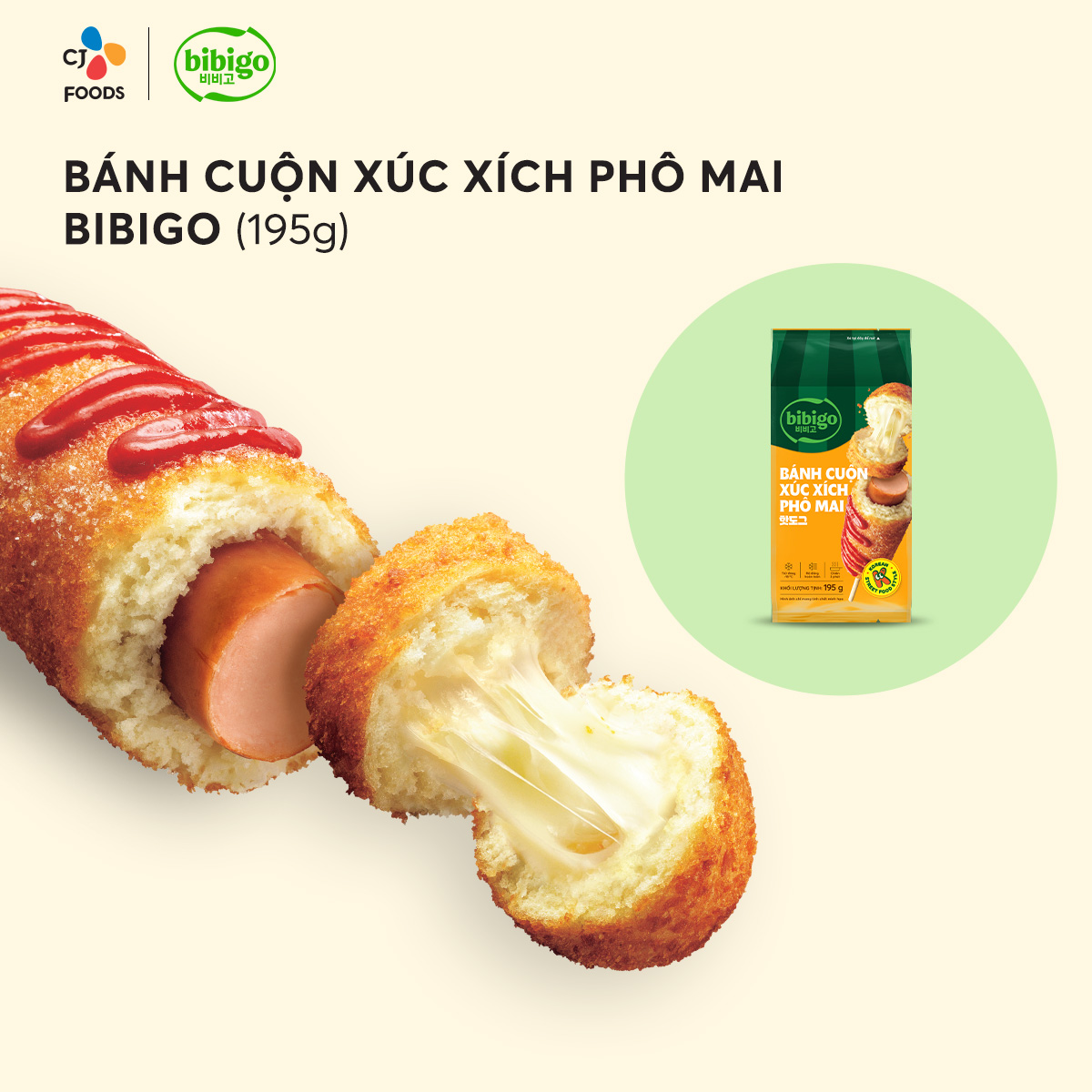 [HCM-HN] Bánhcuộn xúc xích phô mai Bibigo (03 cây Hotdog Hàn Quốc) - Gói 195g