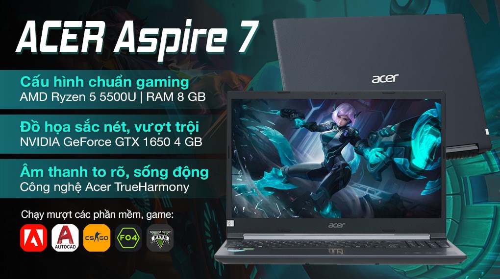 Laptop Acer Aspire 7 Gaming A715 42G R4ST R5 5500U/ 16GB/ 256GB/ 4GB GTX1650 ( Mới 97%)
