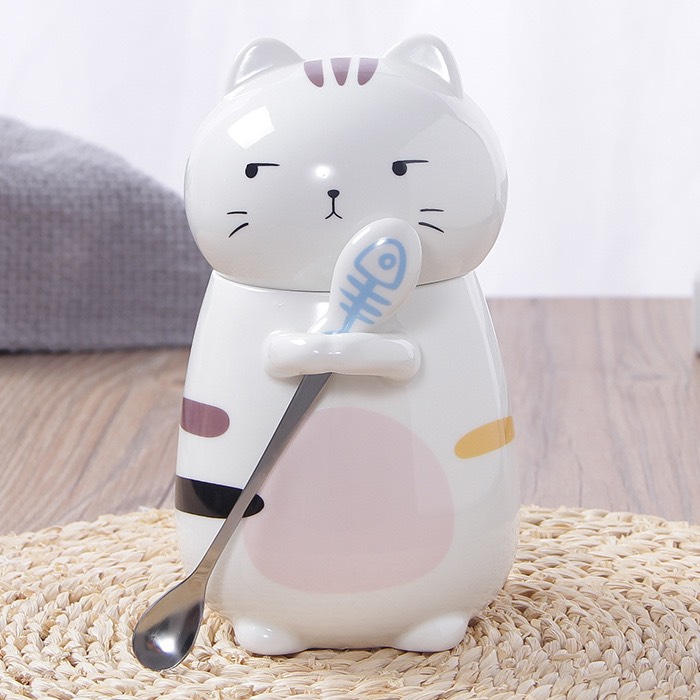 Cốc uống nước hình mèo có nắp và thìa 400ml ly cốc sứ văn phòng cốc uống nước cốc uống trà cafe cốc giữ nhiệt ly giữ nhiệt