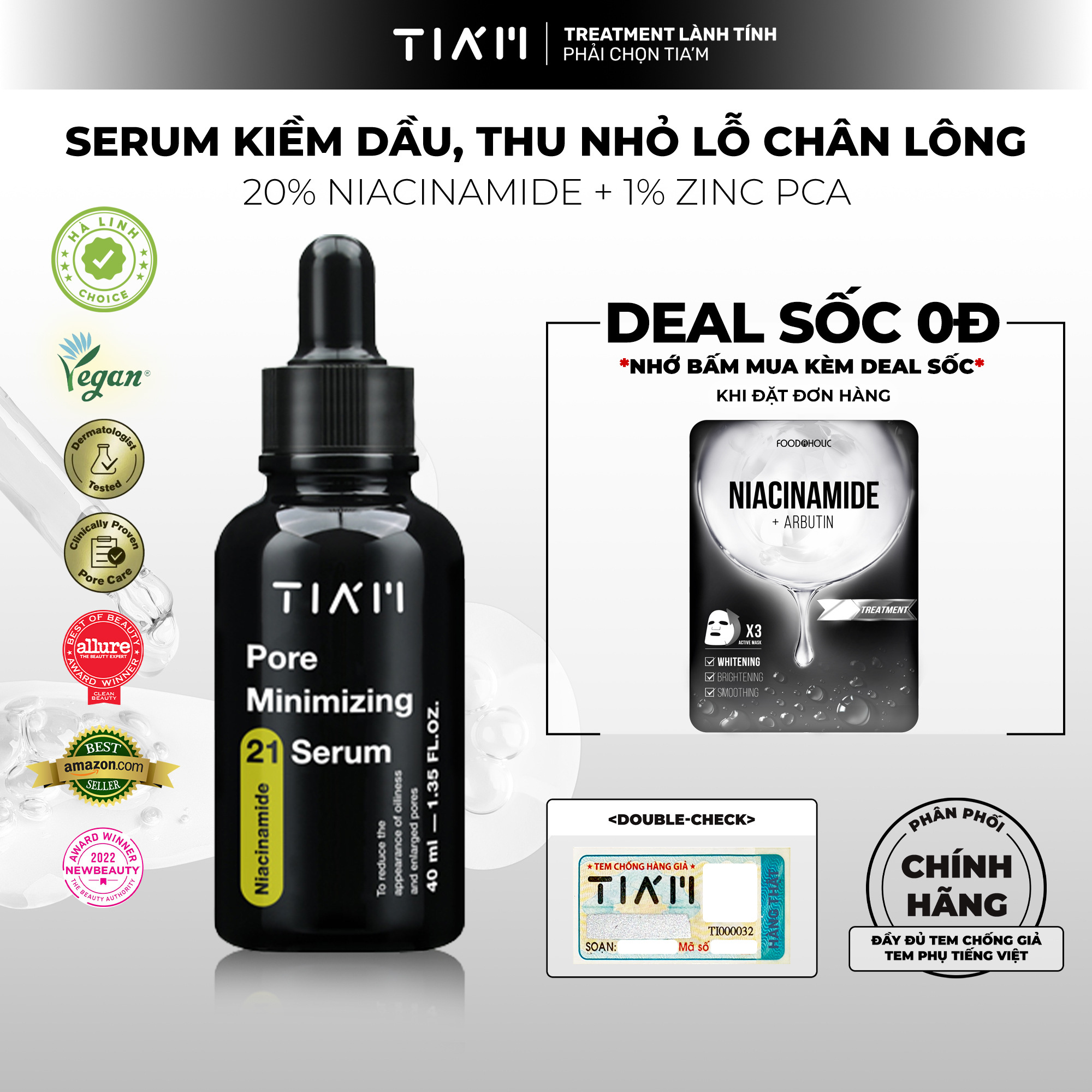 Serum Thu Nhỏ Lỗ Chân Lông Kiểm Soát Dầu Nhờn Và Ngừa Mụn Niacinamide 20% + Zinc 1% - TIAM Pore Mini