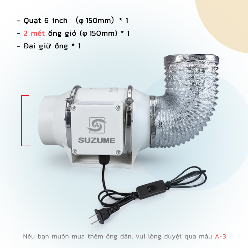 Quạt Thông Gió Dạng Ống Nghiêng - Dây Điện 2m Có Công Tắc | Lưu Lượng Gió Cao Lắp Phòng Tắm/Nhà Bếp 