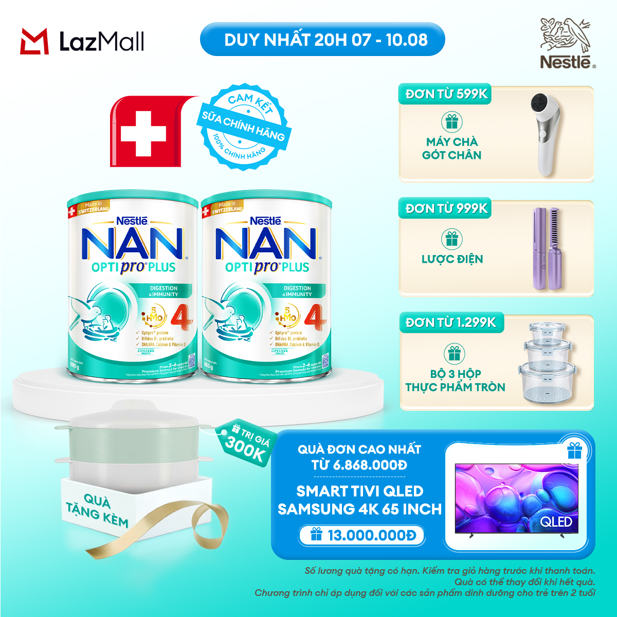[CHỈ 20H 07-10.08 QT ĐƠN 599K/999K/1299K] [Tặng Xửng hấp] Bộ 2 Lon Sữa bột Nestlé NAN OPTIPRO PLUS 4 với 5HMO xuất xứ Thụy Sĩ - Hộp 800g cho bé từ 2-6 tuổi - Sữa công thức dinh dưỡng cho trẻ giúp hỗ trợ tiêu hóa đề kháng trí não và phát triển toàn diện