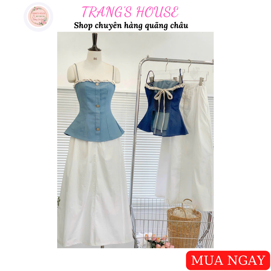 Set áo jean pelum 2 dây cúp ngực phối chân váy xòe dáng dài XINH XẮN - Shop Trang Quãng Châu
