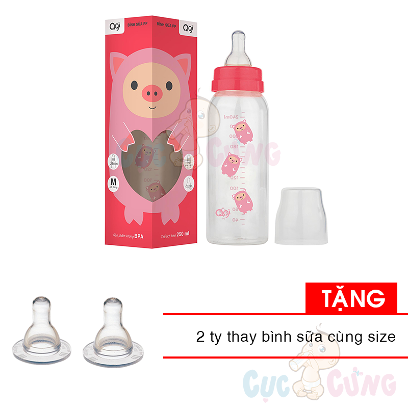 Combo 2 Bình sữa AGI Premium cổ thường 250ml Tặng 2 ty binh sua cùng size
