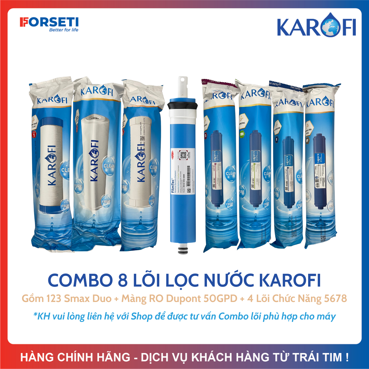 Combo 8 Lõi Lọc Nước 123RO5678 KAROFI - Trọn Bộ 3 Lõi Thô 123 + Màng RO50GPD + T33 Mineral Farinfrar