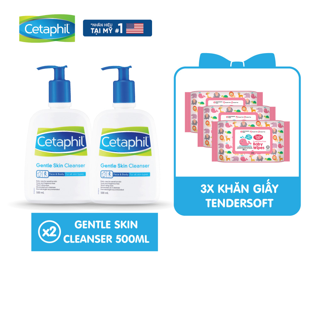 [Tặng 3 gói khăn giấy ướt Tender Soft] Combo 2 sữa rửa mặt Cetaphil Gentle Skin Cleaner 500ml/chai