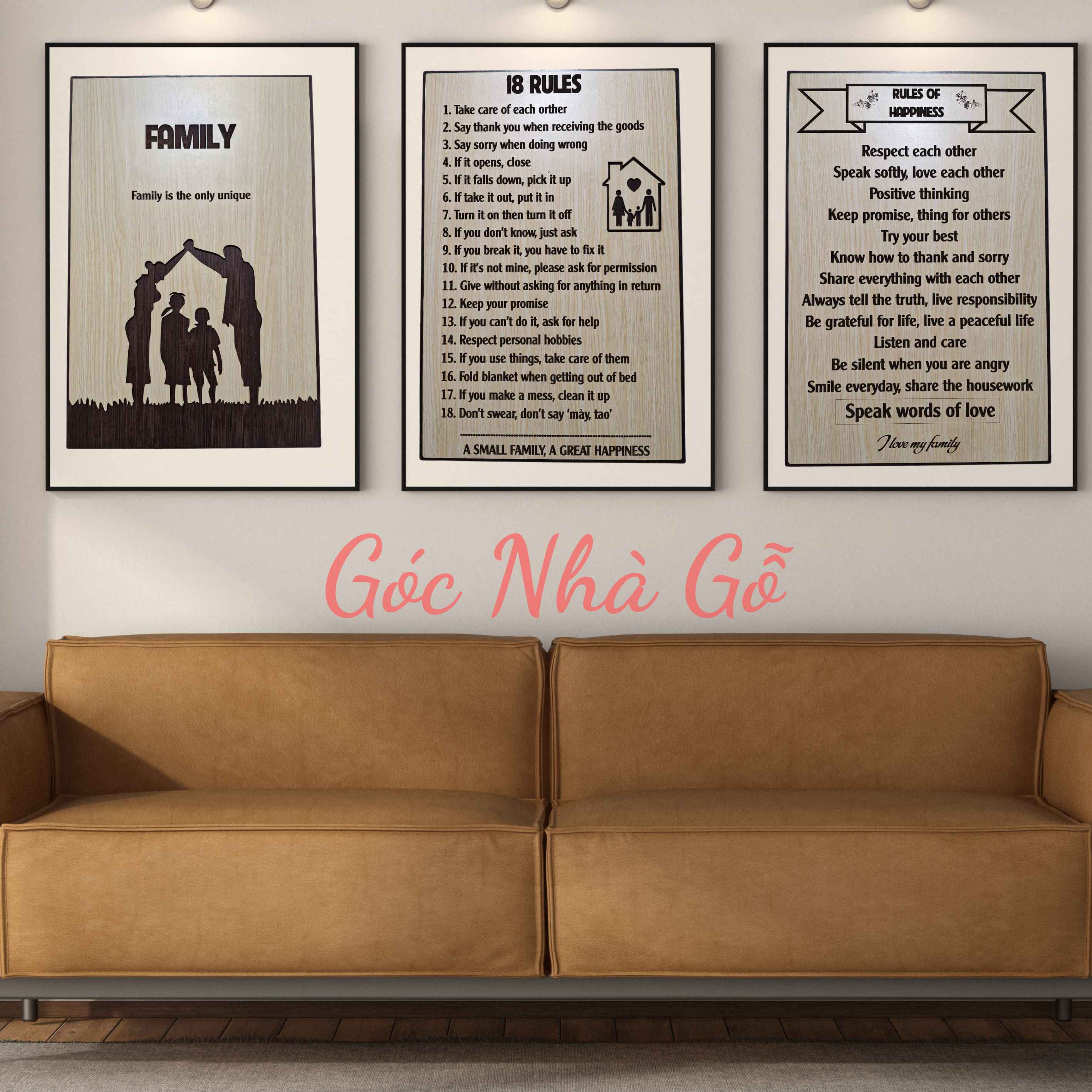 Family Rules Wall Art Set: 3 Wooden Signs and 2 Family Wall Art Prints for a Happy Home
