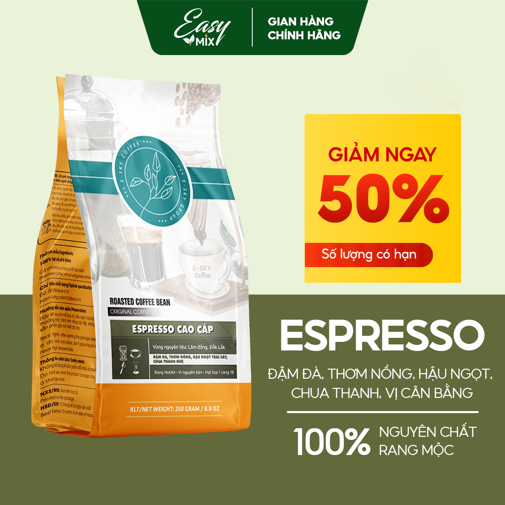 Cà Phê Espresso E-sky Coffee (Blend Robusta Honey &amp; Arabica) Nguyên Chất Rang Mộc 100% Cafe Pha Máy 250g