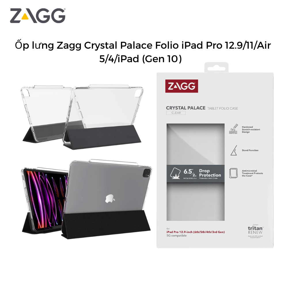 Ốp lưng trong suốt Zagg Crystal Palace Folio iPad Pro 12.9/11/Air 4/iPad (Gen 10) - k ố vàng - kháng