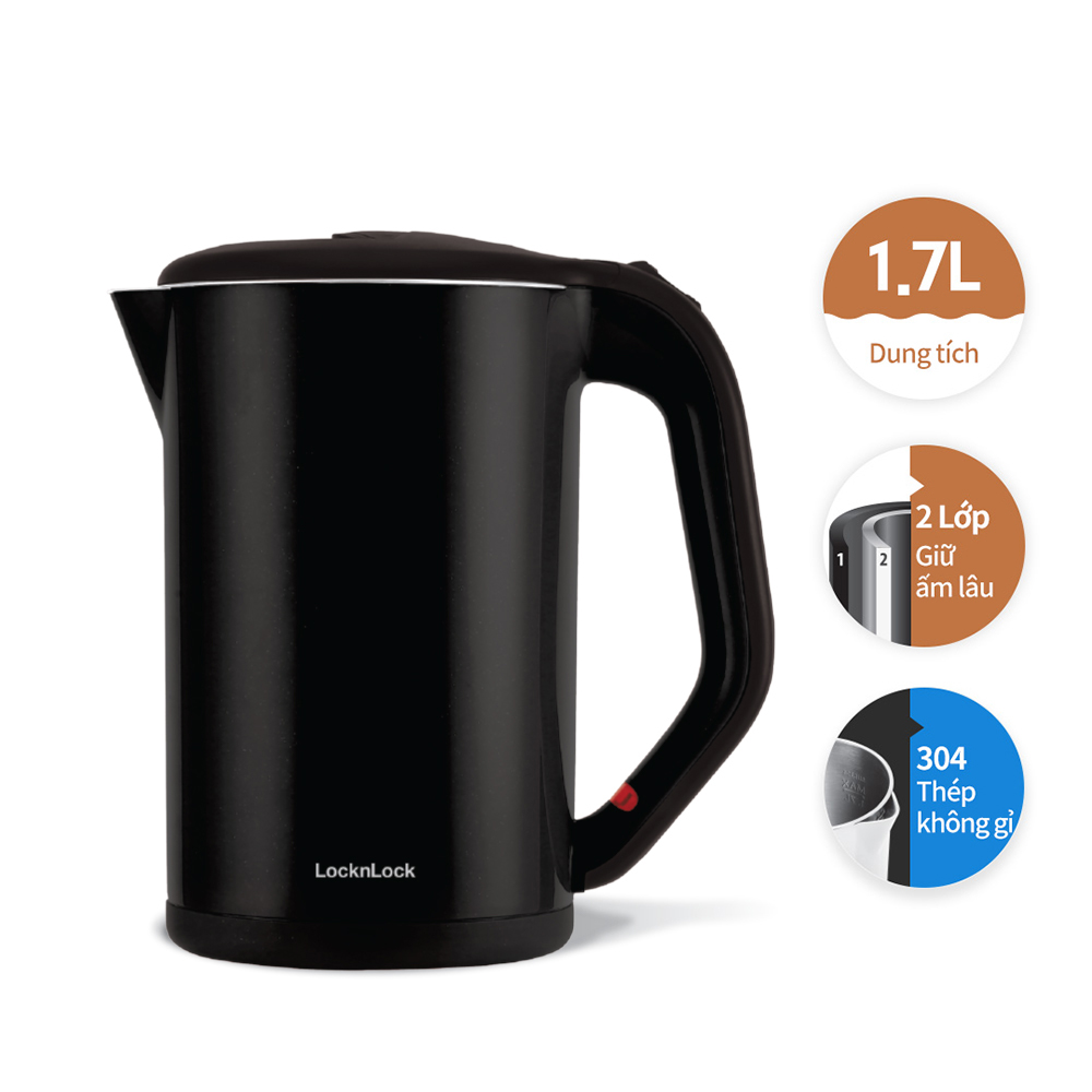 Bình Đun Siêu Tốc Lock&Lock EJK738 1.7L, 2 Lớp Ruột Thép Không Gỉ, Có Nắp Lọc, Trắng/Đen