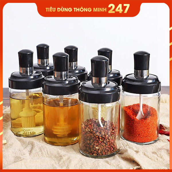 Lọ thủy tinh đựng gia vị 250ml hũ đựng gia vị thủy tinh kèm thìa cao cấp thông minh