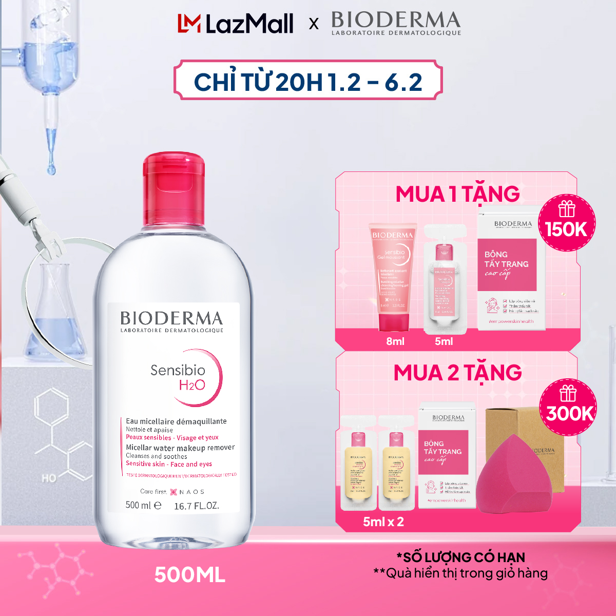 Dung dịch làm sạch và tẩy trang micellar cho da thường và da nhạy cảm Bioderma Sensibio H2O - 500ml