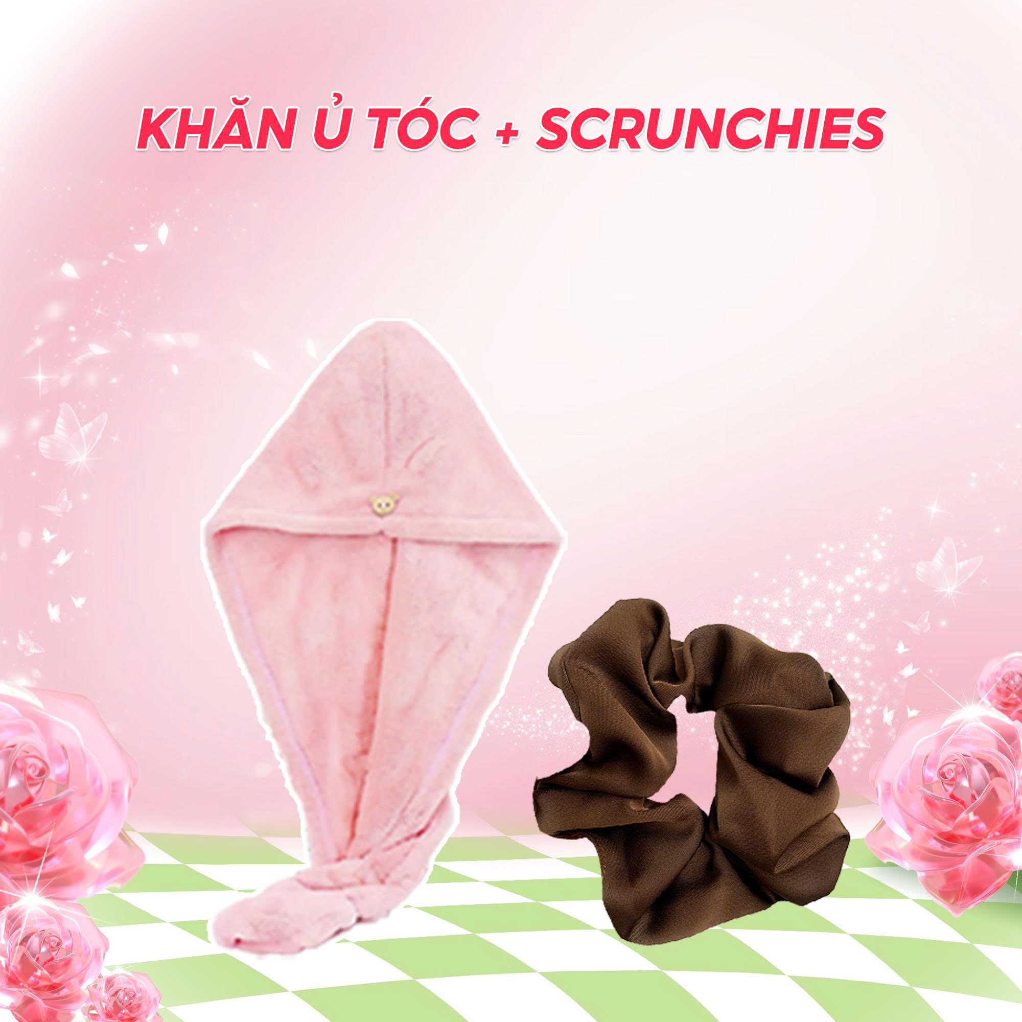 [HÀNG TẶNG - GIFT] QUÀ TẶNG CHO Máy sấy tóc SeeMee Tháng 10: Khăn ủ tóc hồng + Dây buộc tóc Scrunchi