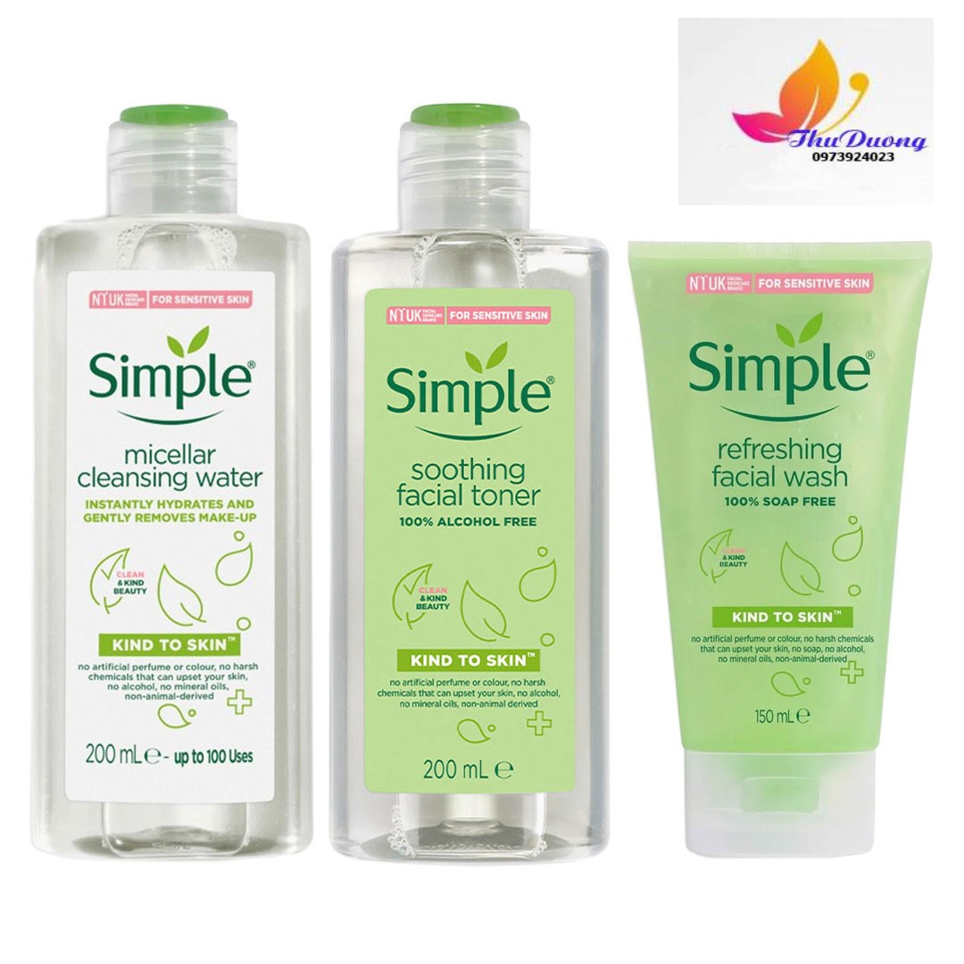 Combo Simple Làm Sạch & Cân Bằng Dịu Nhẹ Da Nhạy Cảm 3 Món Kind To Skin Micellar Cleansing Water 200ml + Refreshing Facial Wash Gel 150ml + Kind to Skin Soothing Facial Toner 200ml Combo Simple Làm Sạch & Cân Bằng Dịu Nhẹ Da Nhạy Cảm 3 Món Kind To Skin Micellar Cleansing Water 200ml + Refreshing Facial Wash Gel 150ml + Kind to Skin Soothing Facial Toner 200ml