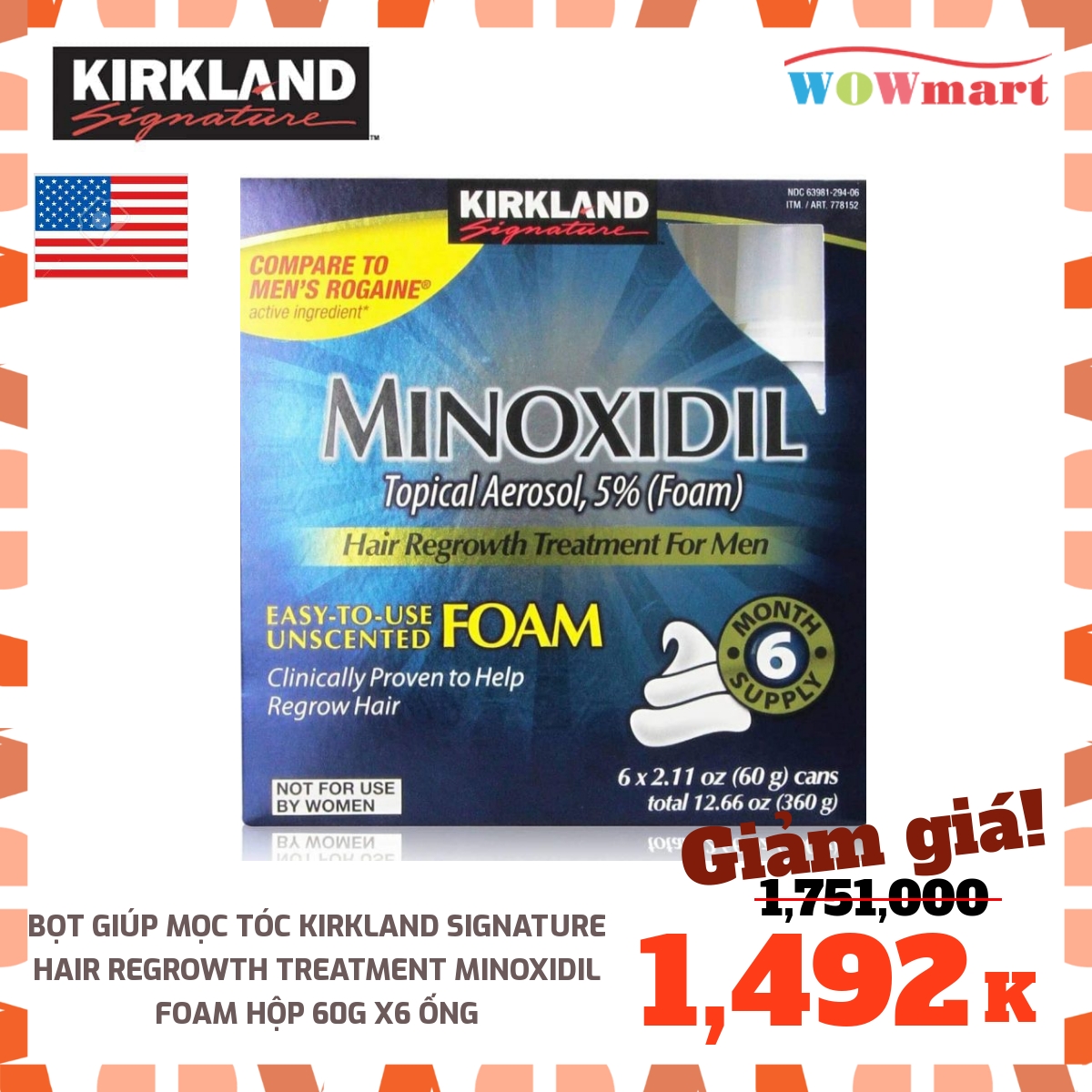 [Hcm]Bọt Giúp Mọc Tóc Kirkland Signature Hair Regrowth Treatment Minoxidil Foam Hộp 60G X6 Ống - Mỹ