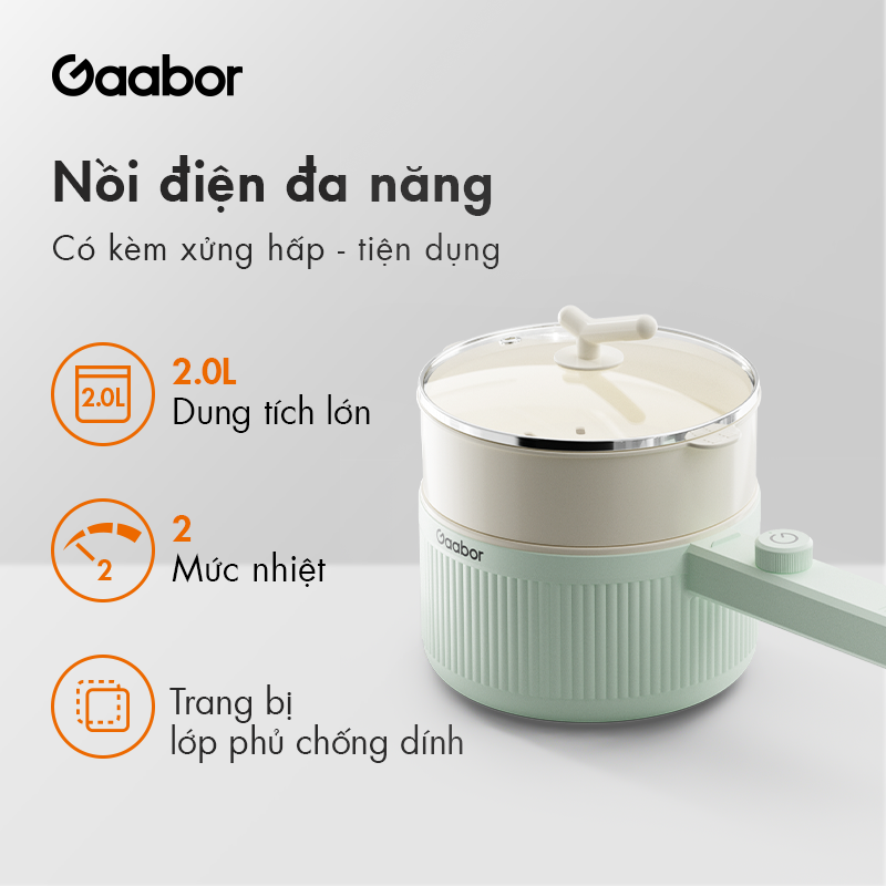 FLASH SALE Nồi nấu đa năng dung tích lớn 2L Gaabor EC-20M01A nồi lẩu hấp điện đa năng 2 mức nhiệt me