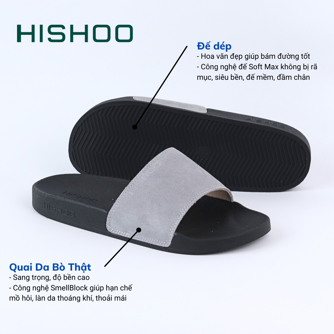 Dép quai ngang slipper Xám da lộn cao cấp nam nữ  HISHOO siêu nhẹ da bò thật thời trang size 36 - 45