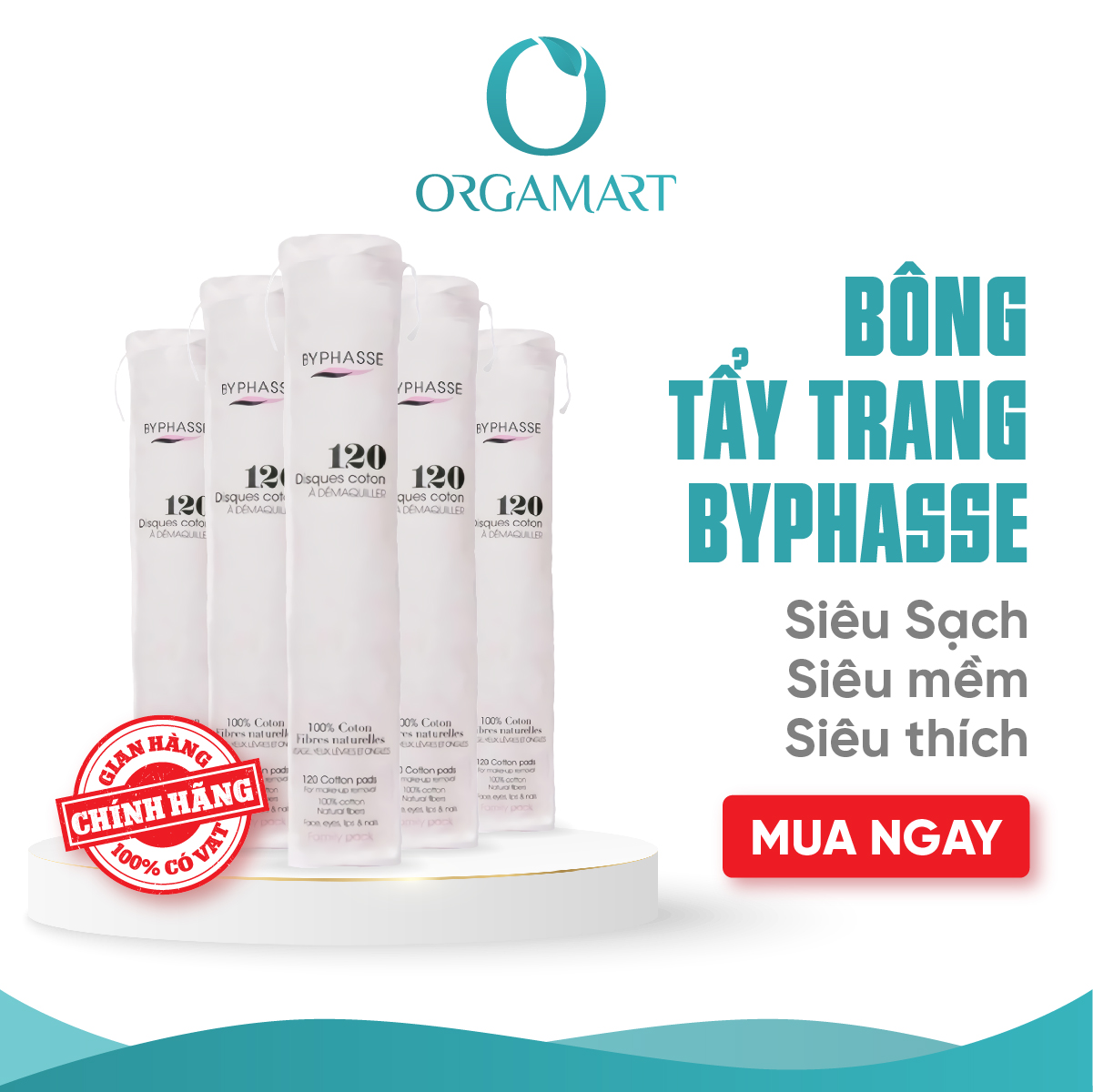 Bông Tẩy Trang Byphasse 100% Cotton Giúp Làm Sạch Cho Da 120 Miếng