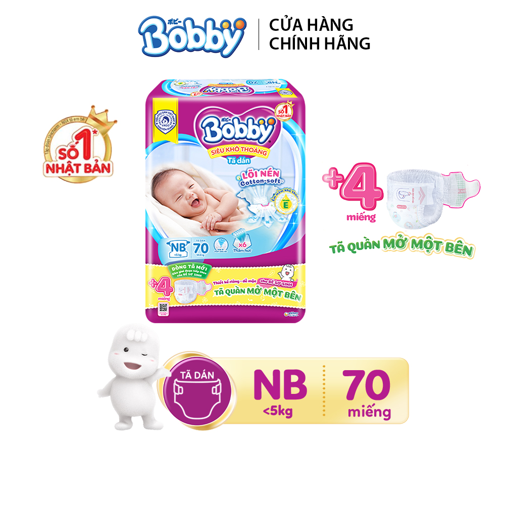 Tã dán sơ sinh Bobby Lõi nén Cotton-Soft 3mm 70 miếng (Tặng thêm 4 miếng Tã Quần Mở Một Bên)