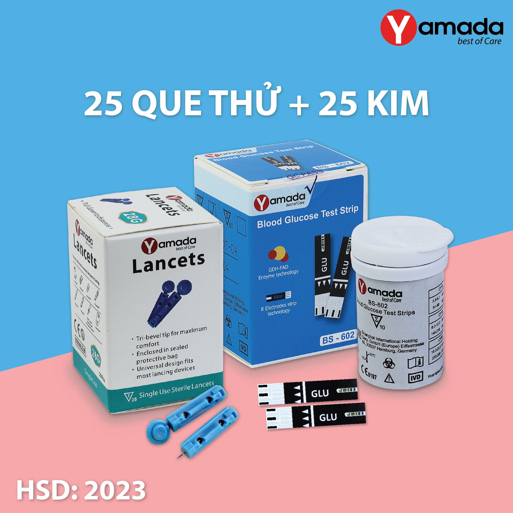 Hộp 25 Que Thử Tiểu Đường Yamada Tặng Kèm 25 Kim Cho Máy Đo Đường Huyết Yamada Men Gdh - Fad 8 Điện Cực