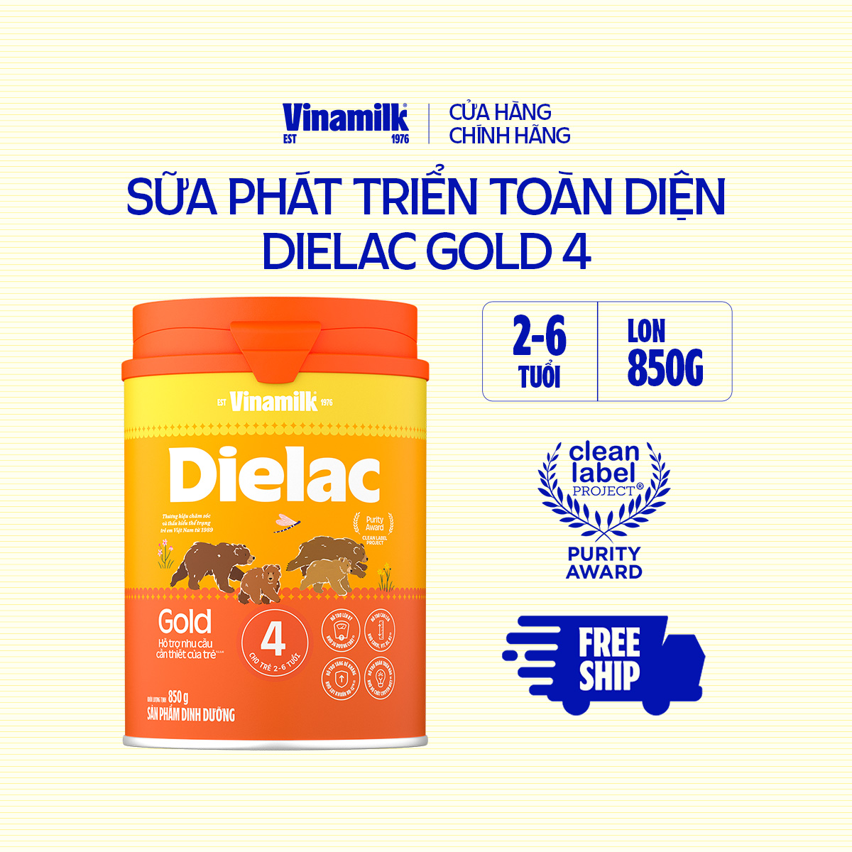 Sữa bột Vinamilk Dielac Gold 4 - Hộp thiếc 850g (cho trẻ từ 2- 6 tuổi) - Sữa công thức hỗ trợ phát triển trí não của bé tăng cân chiều cao