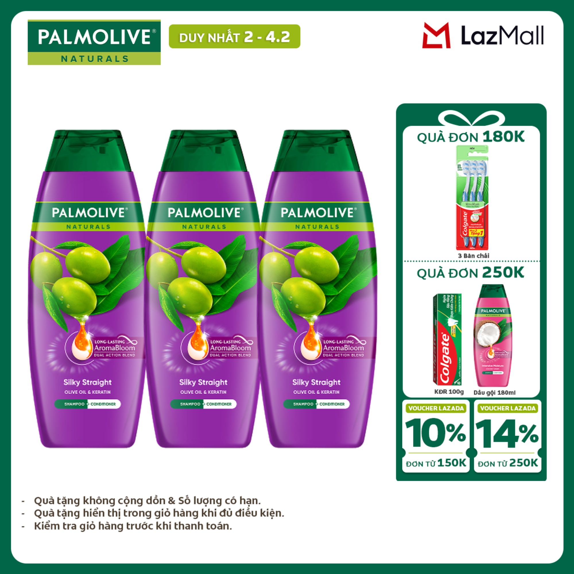 [Chỉ 20H 1-4.2_Voucher giảm 14%]  Bộ 3 Dầu gội Palmolive kèm xả 2-trong-1 chiết xuất thiên nhiên 180